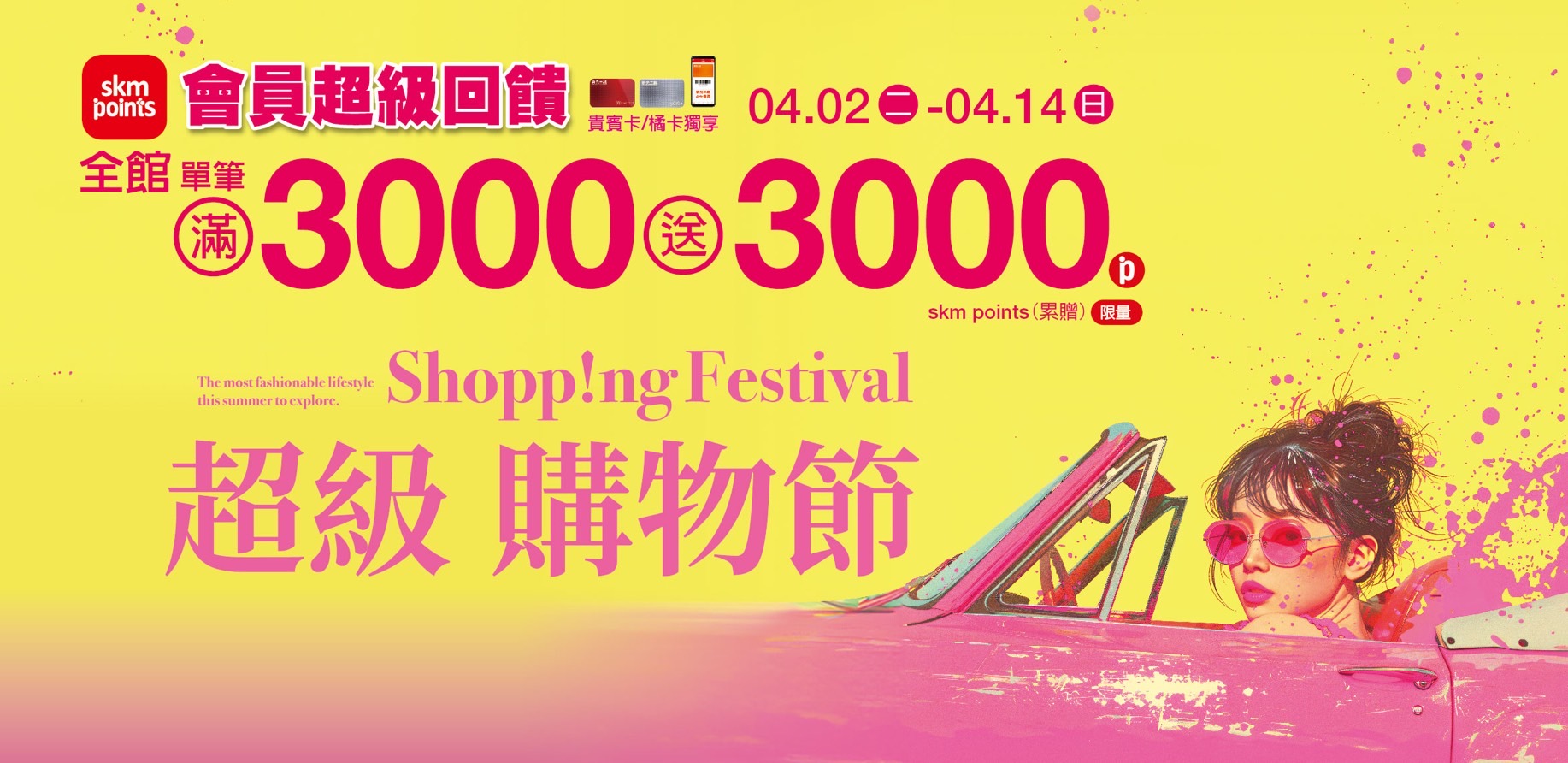 超越週年慶神規模！超級購物節首度全館同慶，4/2-14單筆3千送3千點  比出國還好買！首八日化妝品達檻再加贈，中山獨家加碼豪華獻禮  國際輕奢配件Pandora南部首間最新高規店型4/30閃耀登場