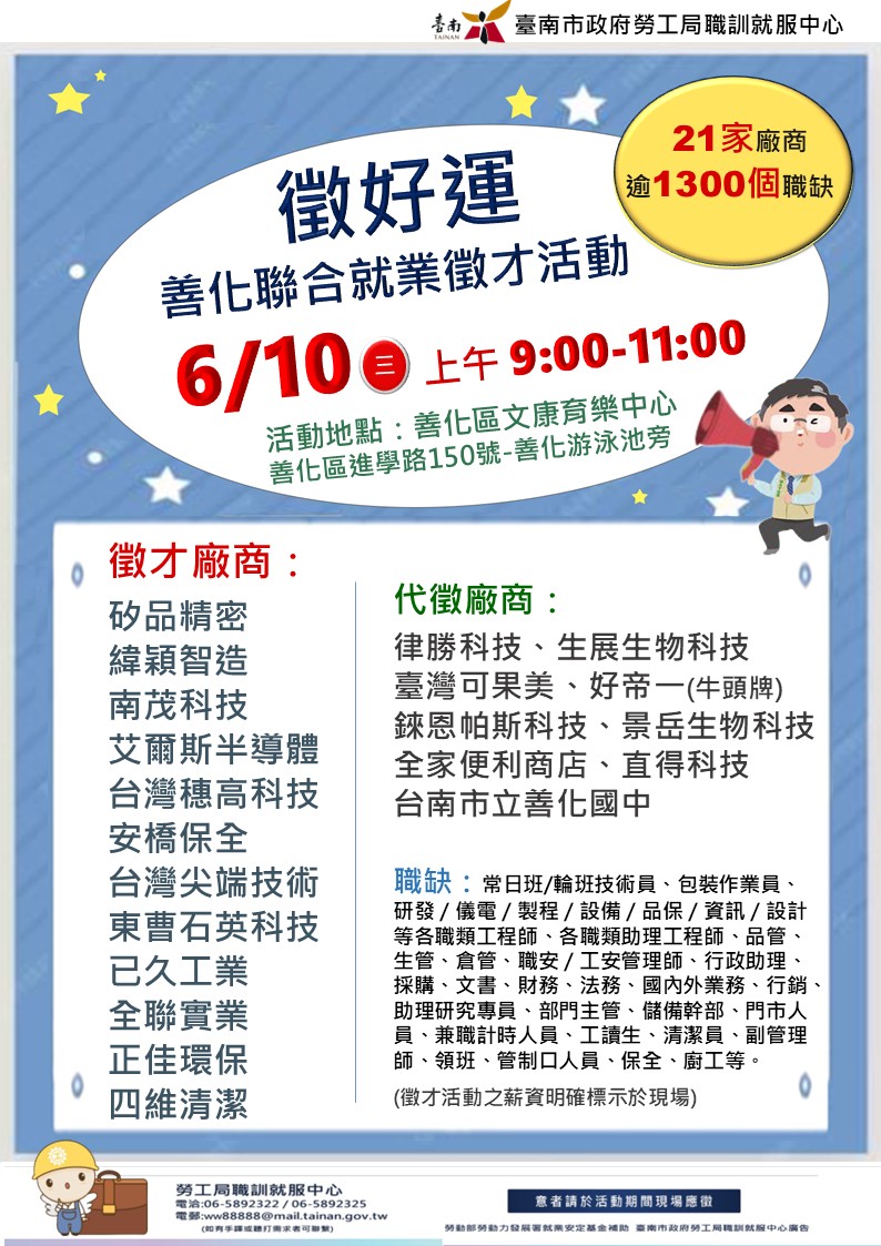 勞工局力邀21家廠商提供1300個職缺 善化區舉辦聯合就業徵才活動